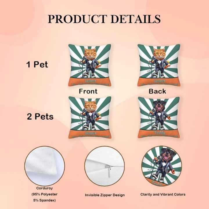 Front and back designs of a personalized dog picture pillow with vibrant cartoon pets.