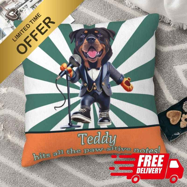 Pillow with pets picture featuring Teddy the Rottweiler singer, limited-time offer with free delivery.