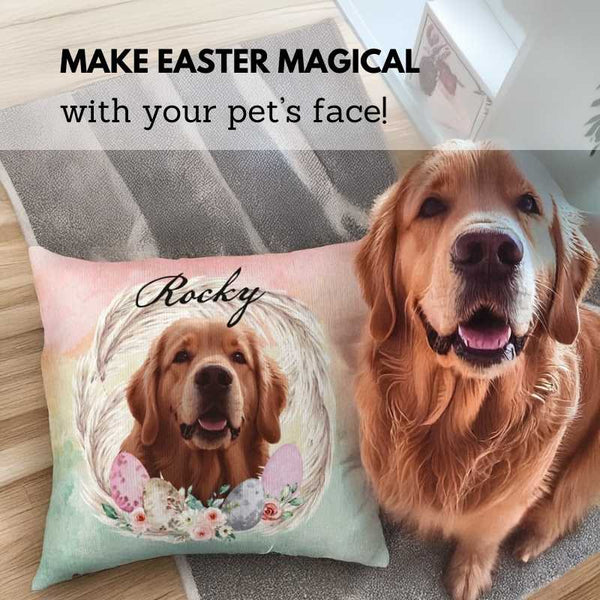 Easter-themed personalized pet pillow with golden retriever, floral details, and decorative eggs. Perfect Easter gift.