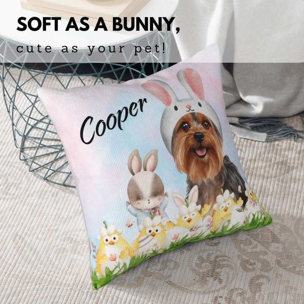 Custom Easter pillow featuring a joyful Yorkshire Terrier with bunny ears and chicks—perfect Easter bunny gift.