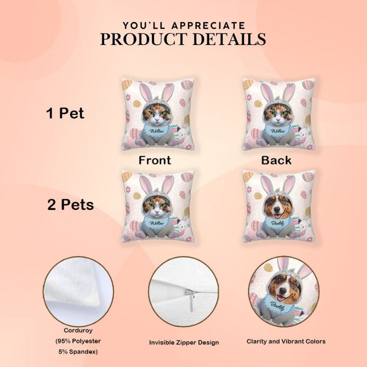 Custom pet photo pillows with high-quality corduroy fabric, invisible zipper, and vibrant photo printing for one or two pets.