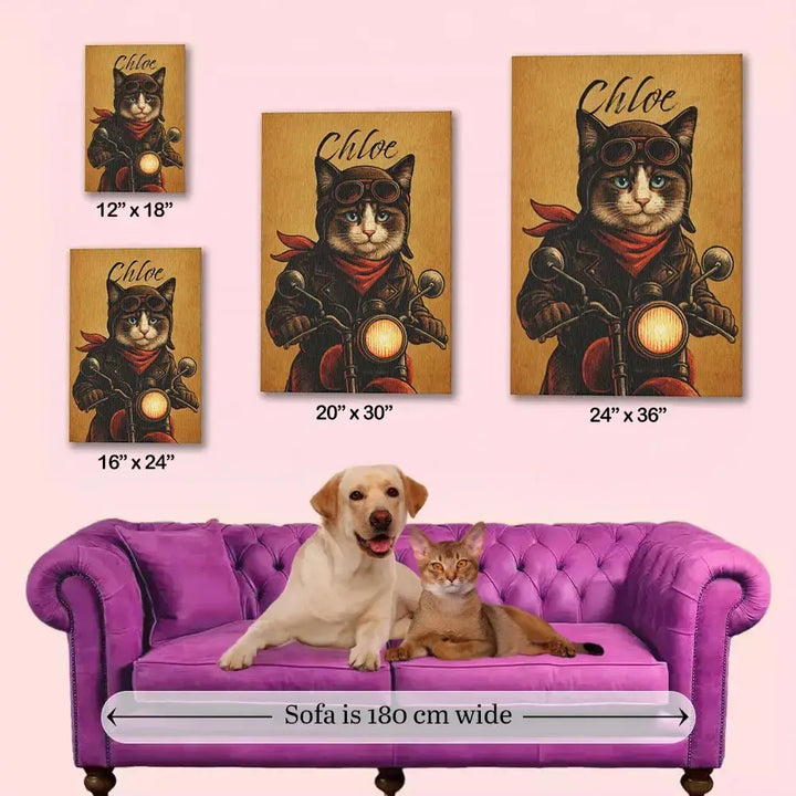 Size guide showing four biker cat custom pet canvas wall art pieces above a purple sofa with a dog and cat.