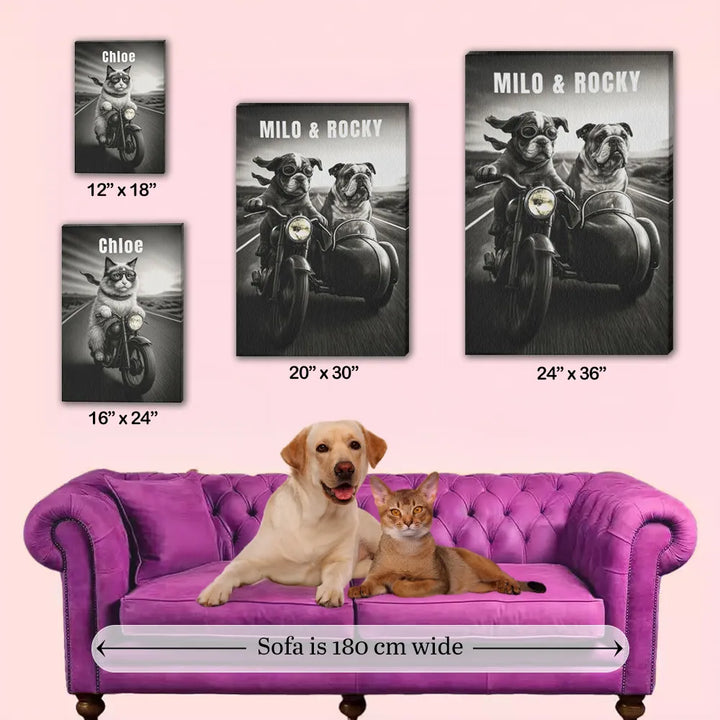 Black and white dog rider canvas size guide showing Chloe and Milo & Rocky motorcycle prints above a purple sofa with a dog and cat.