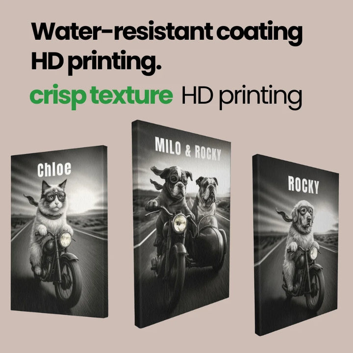 Gallery-style dog wall decor featuring black and white motorcycle dog canvas wall art and Chloe cat rider canvas in perspective view.