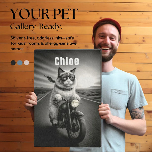 Smiling man holding a black and white custom pet canvas of Chloe riding a motorcycle, gallery-ready wall art.