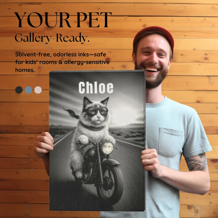 Smiling man holding a black and white custom pet canvas of Chloe riding a motorcycle, gallery-ready wall art.