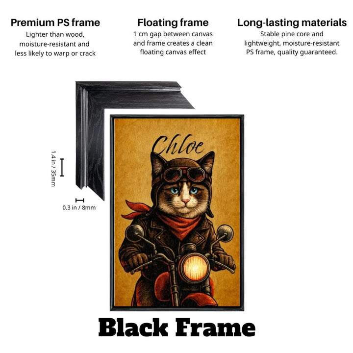 Black frame floating custom biker cat portrait canvas of Chloe riding a motorcycle.