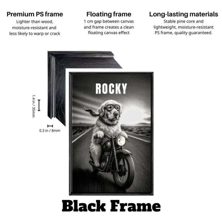 Black floating frame dog wall art featuring a black and white motorcycle dog canvas of Rocky riding down the road.