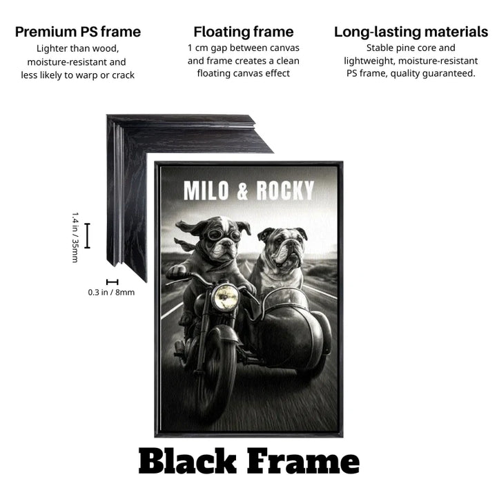 Black floating frame custom bulldog sidecar print with two dogs riding a motorcycle in black and white.