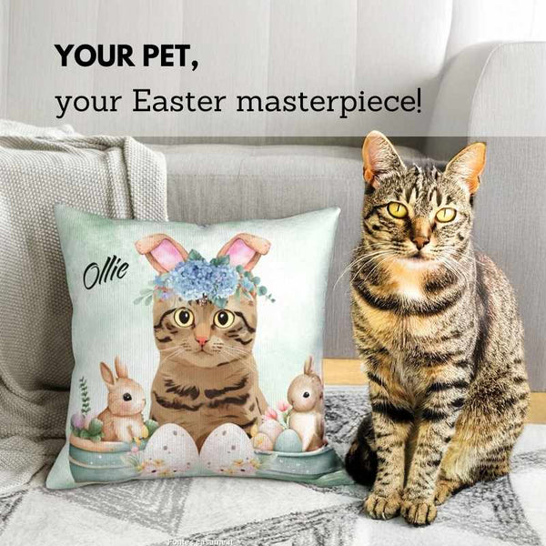 Personalized Easter bunny gift: custom pet pillow with tabby cat, bunny ears, pastel eggs, and festive decor.