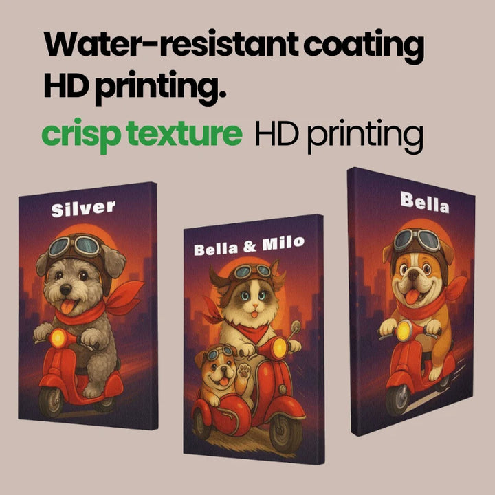 Set of three cartoon scooter pet rider canvas wall art prints featuring Silver, Bella & Milo, and Bella on red scooters.