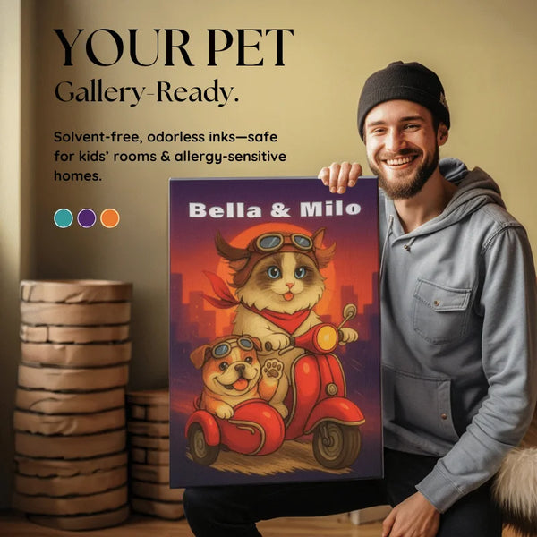 Smiling man holding colorful cat and dog scooter wall art canvas labeled Bella & Milo, custom pet rider design.