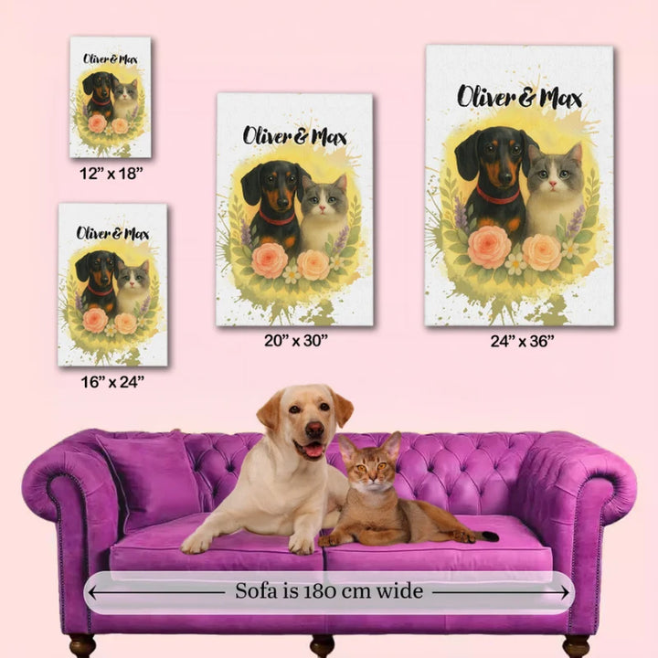 Floral dog and cat canvas art size guide above sofa, cat and dog wall art for living room and personalized pet wall art USA shipping