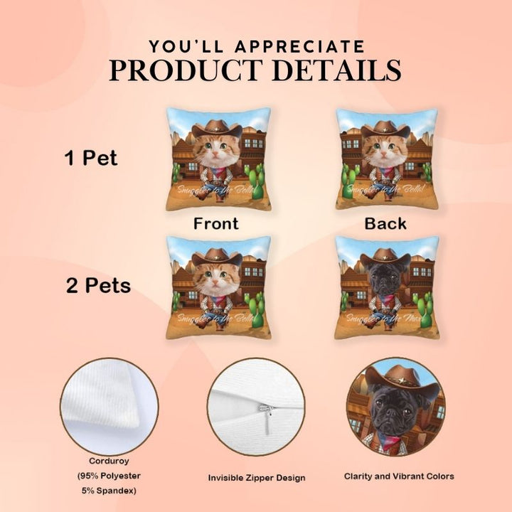 Custom cartoon pet pillow with a Western cowboy theme, featuring corduroy fabric, invisible zipper, and vibrant prints for pet lovers.