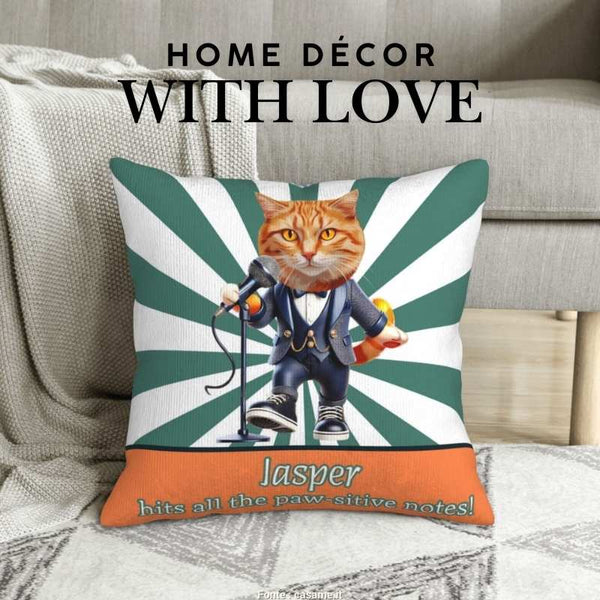 Custom cat photo pillow with orange cat Jasper in a singer outfit, holding a mic on a bold green and white background.