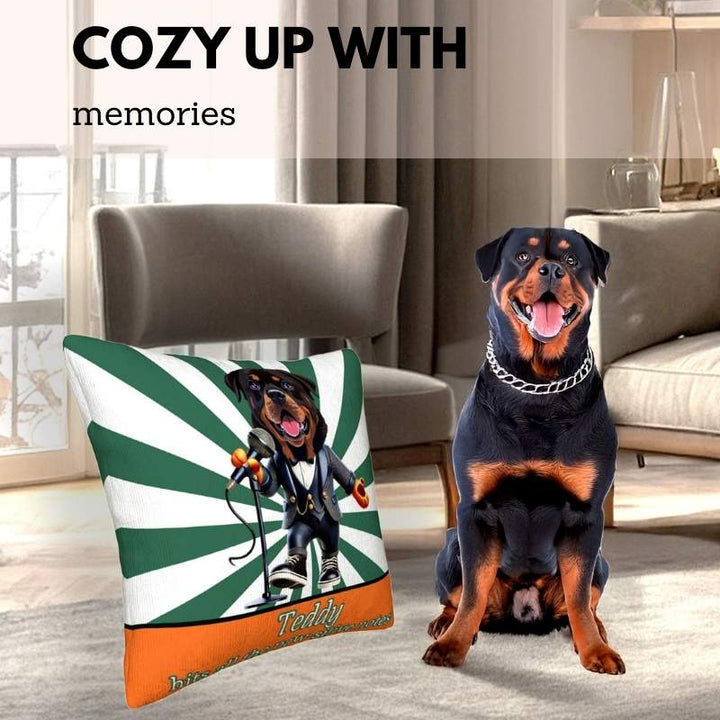 Custom cat photo pillow featuring a dog named Teddy in a suit holding a mic, placed beside the real dog.