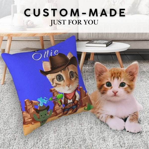 Custom cat photo pillow with a cowboy theme, featuring a cat in cowboy attire and playful cactus character.