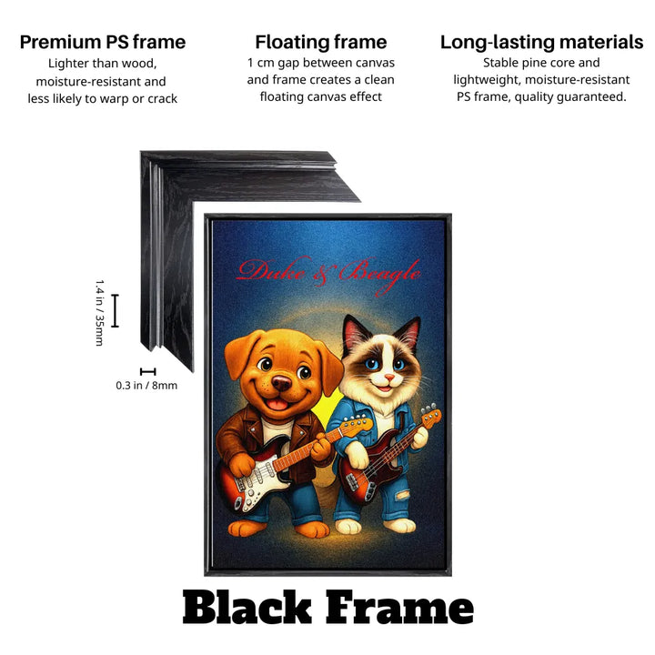 personalized dog and cat rock band canvas in black floating frame, custom pet guitar wall art
