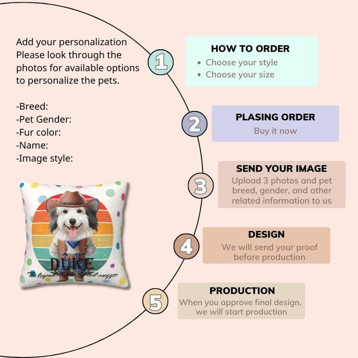 Create a custom cowboy-themed dog pillow with your pet's photo and name in 4 easy steps.