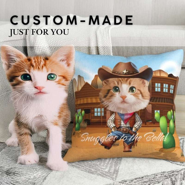 Custom pet pillow with cat dressed as a cowboy, perfect gift for pet lovers who enjoy themed designs.