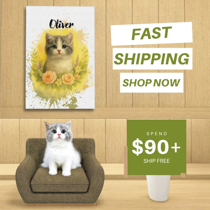 Soft watercolor pet portrait of cat with floral frame, custom pet canvas gift with fast shipping for personalized pet wall art USA