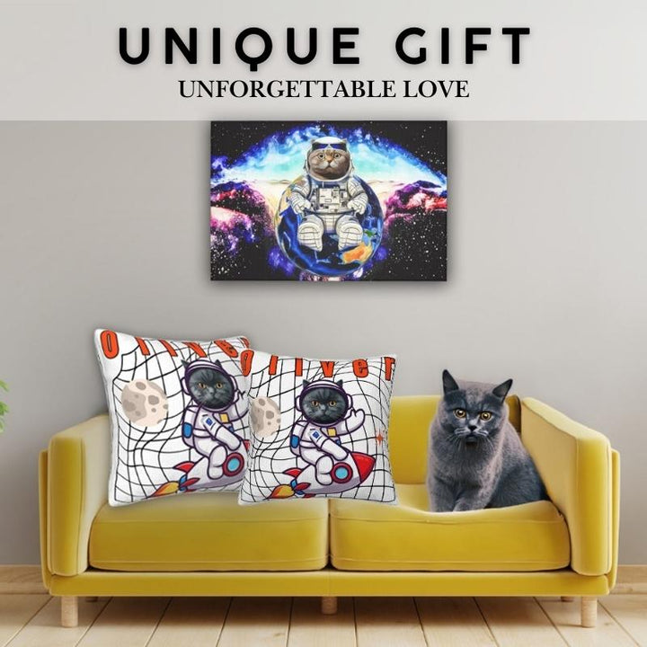 Astronaut-themed custom pet face pillow featuring a gray cat, displayed on a yellow couch with the real cat beside it.