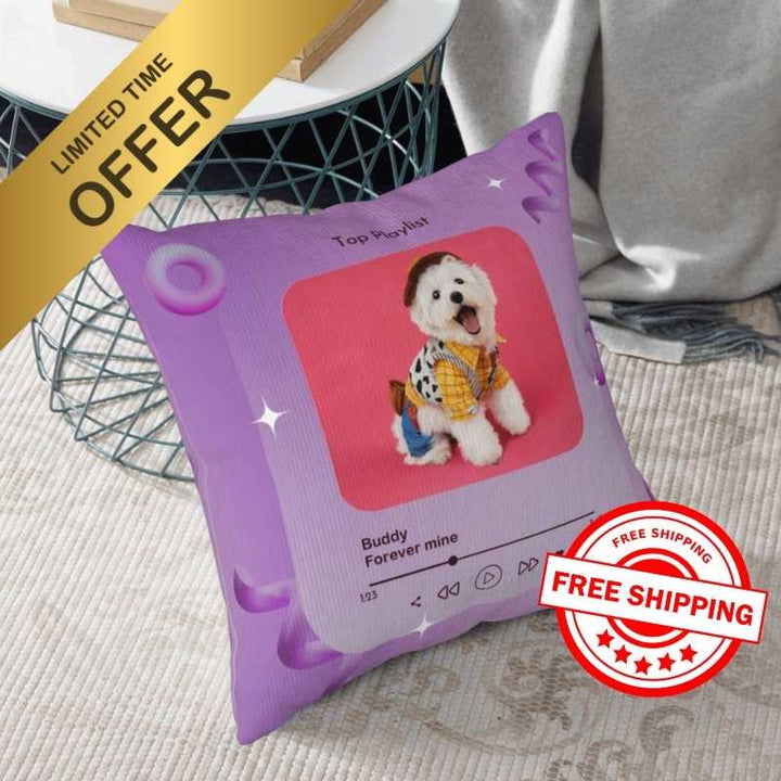 Personalized pet photo pillow featuring a dog named Buddy. Ideal for home decor.