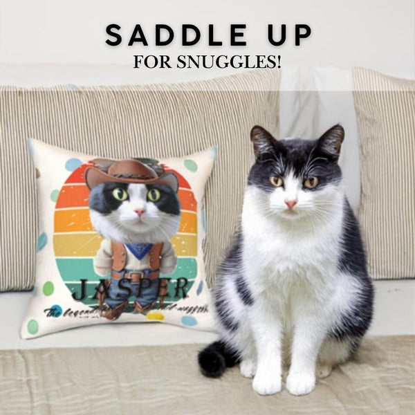 Custom pet photo pillow with a black and white cat cowboy, retro sunset background, and name displayed on a beige couch.