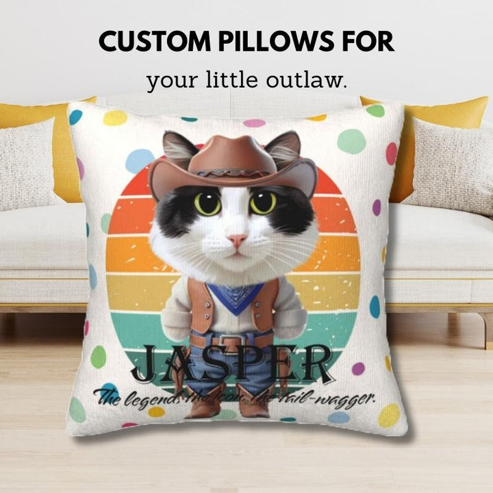 A custom pet photo pillow featuring a black-and-white cat in a cowboy outfit, personalized with a retro sunset design.