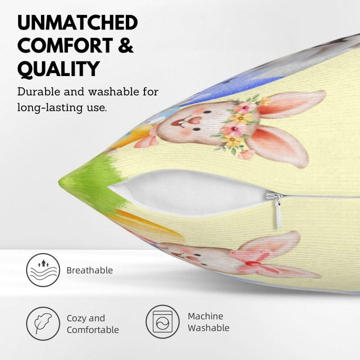 Close-up of a custom pet photo pillow featuring Easter bunny artwork, breathable fabric, and an invisible zipper.