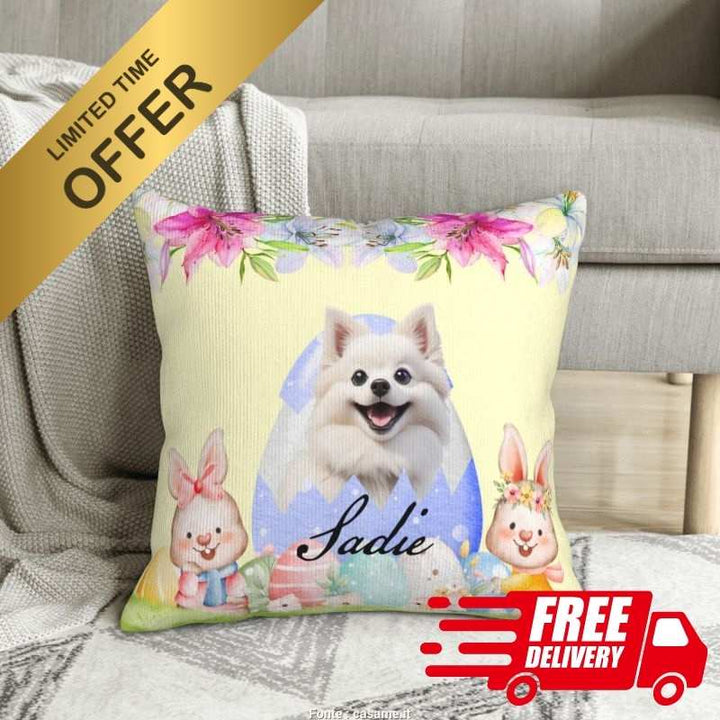 Custom pet face pillow featuring a dog portrait in an Easter egg design with floral accents. Best gift for pet lovers.