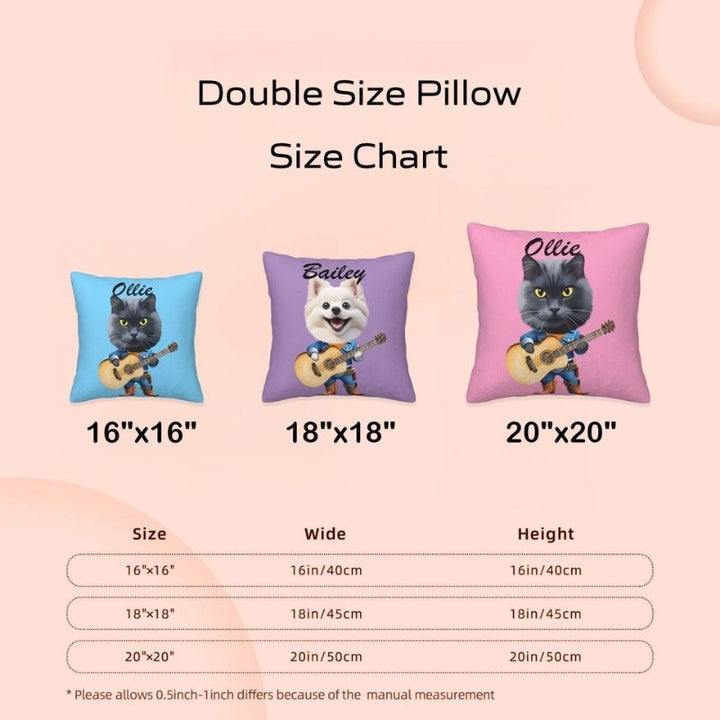 Custom pet picture pillow size chart showing 16x16, 18x18, and 20x20 inch pillows with pet guitarist designs.