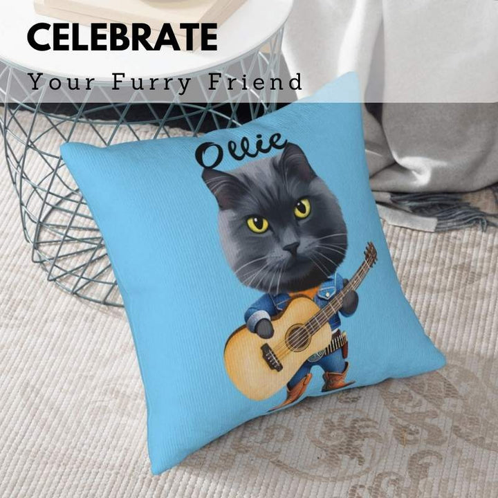Custom pet pillow from photo featuring a gray cat in a guitarist outfit on a blue pillow.