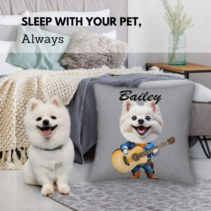 Custom pet pillows featuring a cartoon dog in a guitarist outfit beside a real dog on a cozy bed.
