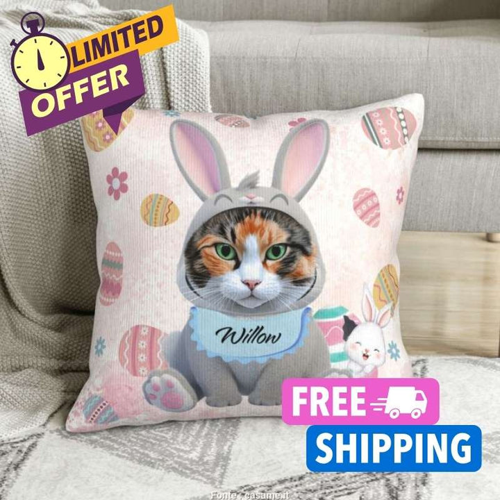 Custom cat photo pillow in a bunny costume, surrounded by Easter eggs. Perfect Easter gift with free shipping.