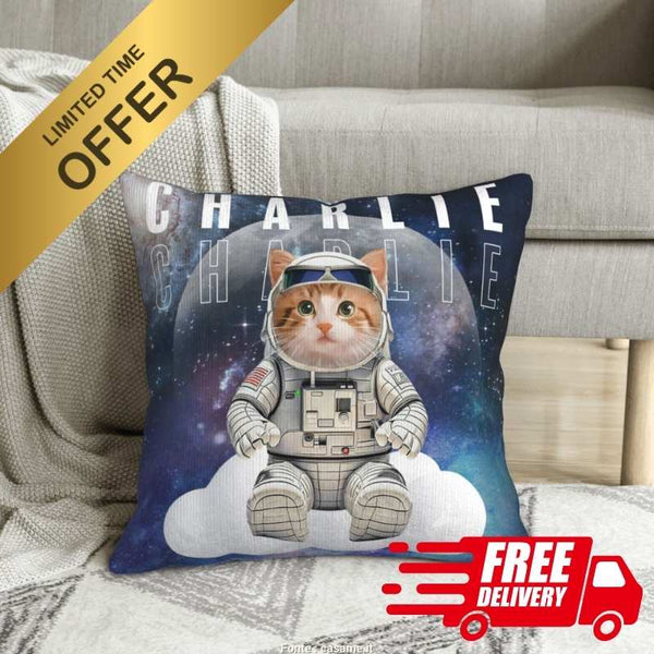Custom pet pillow of orange tabby cat Charlie dressed as an astronaut with a galaxy background.