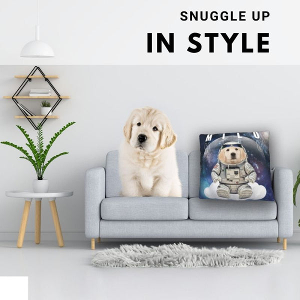 Custom pet pillow with golden retriever in astronaut suit, sitting next to real dog on couch.