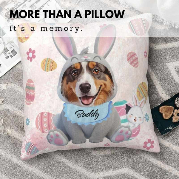 Personalized Easter pillow with dog in bunny costume, Easter eggs, and custom name on blue bandana.