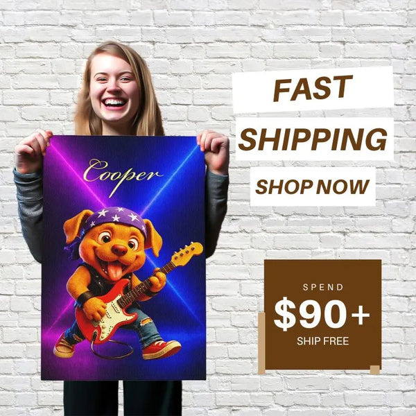 Smiling woman holding custom rockstar dog guitar canvas wall art with fast shipping offer by My-Petsible