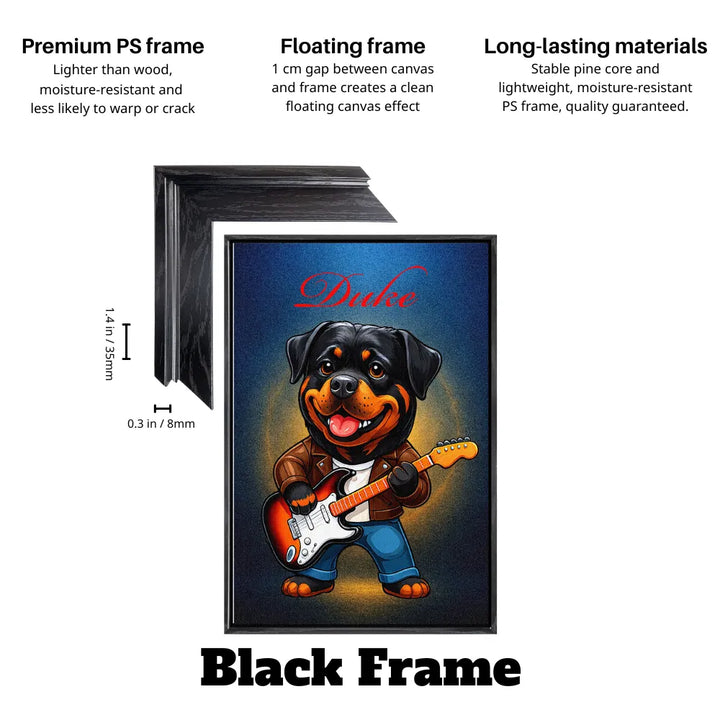 custom rockstar pet guitar canvas in black floating frame with dog in leather jacket playing electric guitar