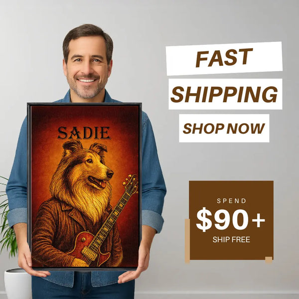 Man holding vintage dog guitarist custom pet canvas with fast shipping banner, personalized dog musician wall art for US dog lovers