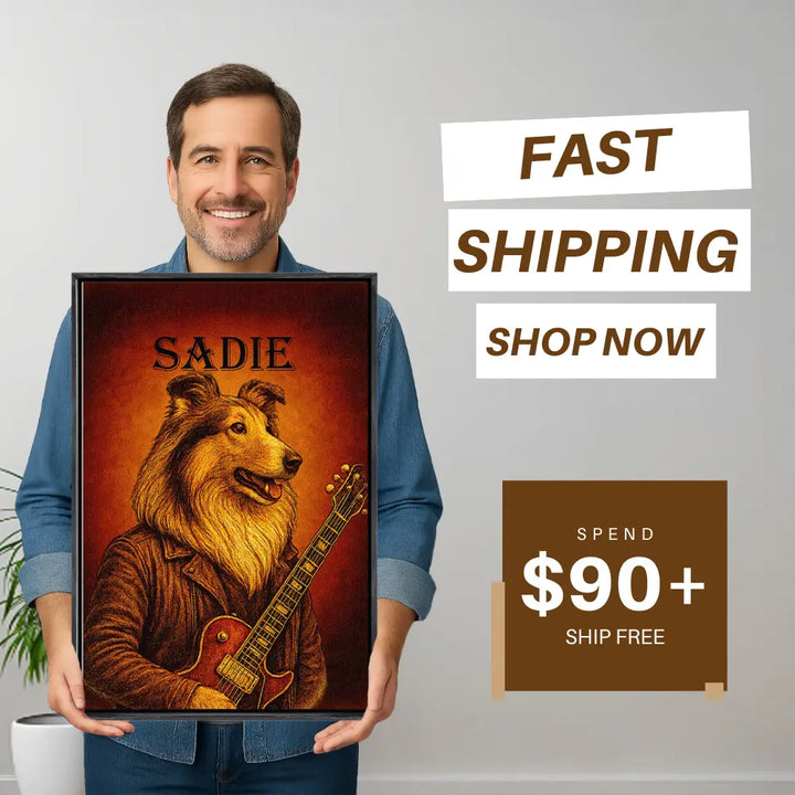Man holding vintage dog guitarist custom pet canvas with fast shipping banner, personalized dog musician wall art for US dog lovers