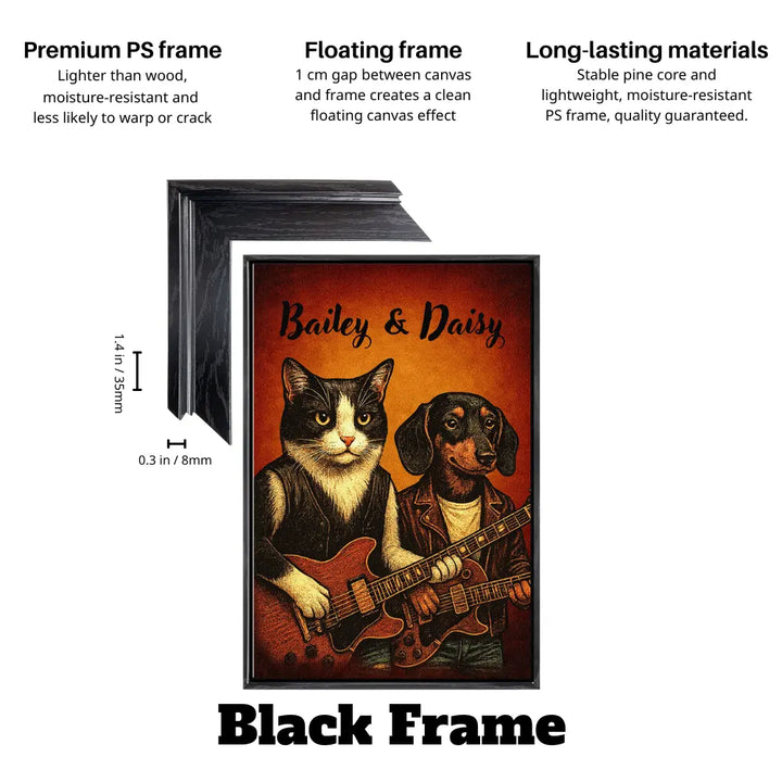 Custom vintage dog and cat band canvas wall art in black floating frame