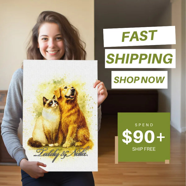 Smiling woman holding a custom watercolor pet canvas with dog and cat, personalized pet wall art with USA shipping