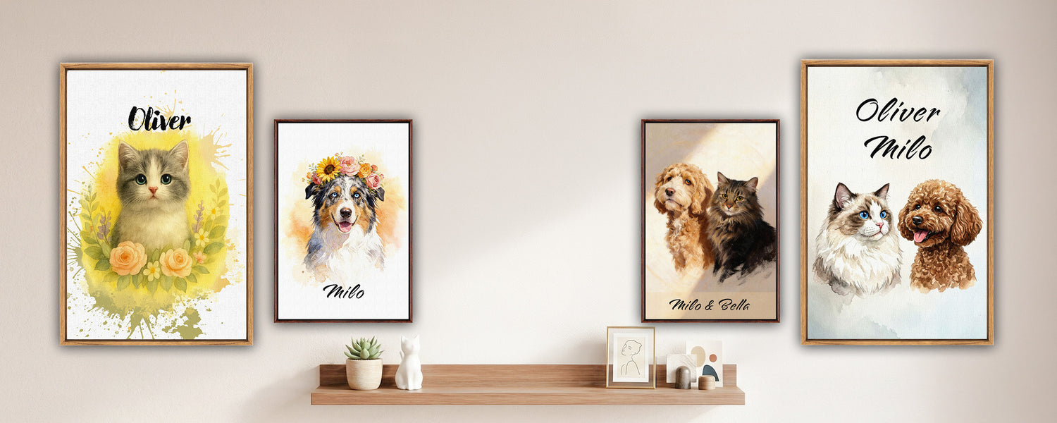 Three custom watercolor pet portraits of dogs and cats in floating frames, hung on a light beige wall above a wooden shelf with small plant decor.