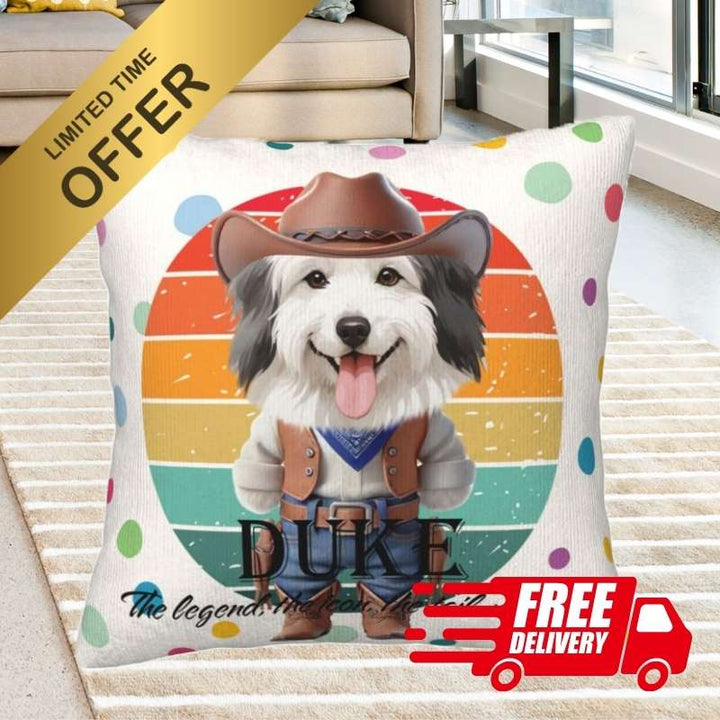 Custom pet pillow with dog in cowboy outfit, retro sunset, polka dots, 'Limited Time Offer,' and 'Free Delivery' badges