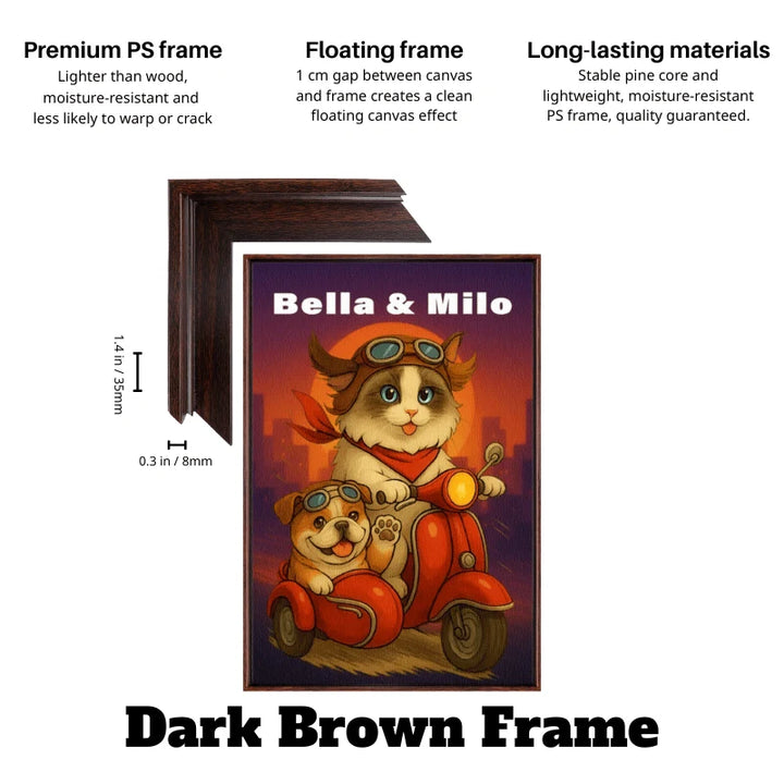 Dark brown floating frame cat and dog scooter rider canvas, French Bulldog and Bengal on a red scooter and sidecar.