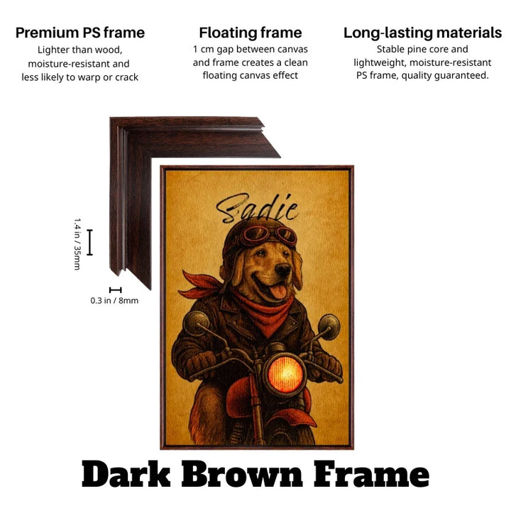 Dark brown frame floating around a custom dog portrait pet rider canvas with vintage motorcycle style.