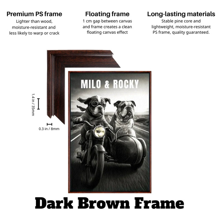 Dark brown floating frame custom dog sidecar motorcycle canvas featuring Milo and Rocky in black and white.