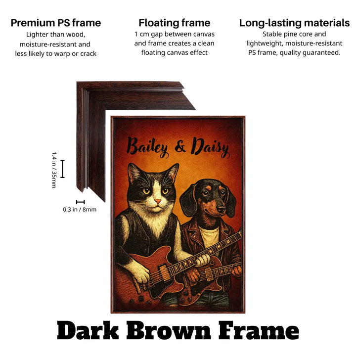 Dog and cat rock band custom pet canvas wall decor in dark brown frame